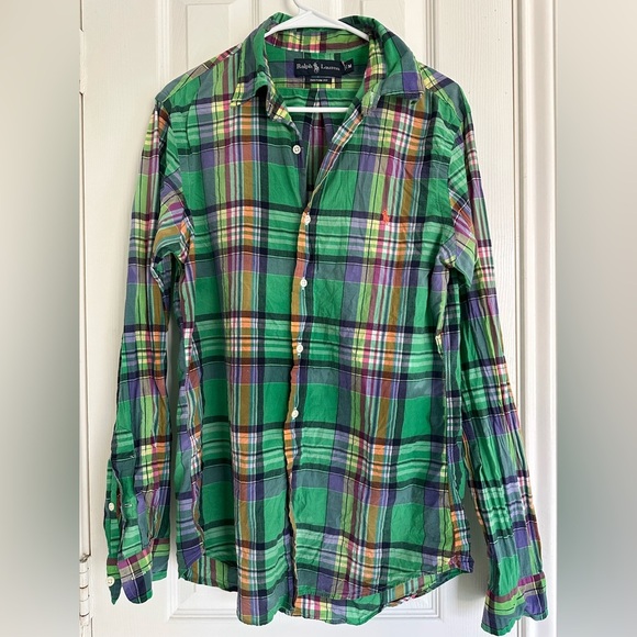 Ralph Lauren Green Orange Pink plaid Shirt size medium - Picture 1 of 4